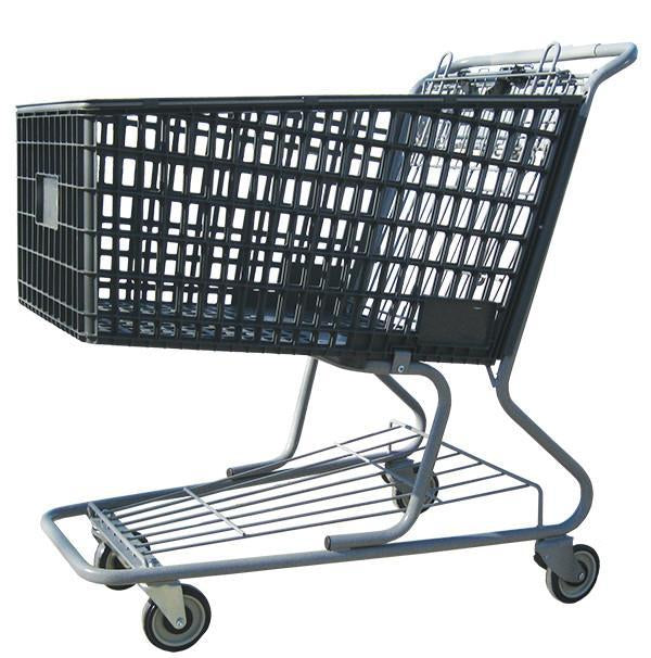 dark gray plastic shopping cart with lower tray 17,000 cu. in. 