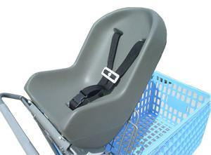 shopping cart infant seat installed on blue shopping cart